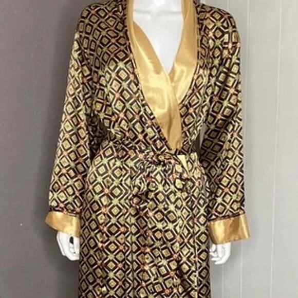 VICTORIAS SECRET Vintage Y2K 90s Satin Black And Gold Glamour Robe M - Picture 2 of 6